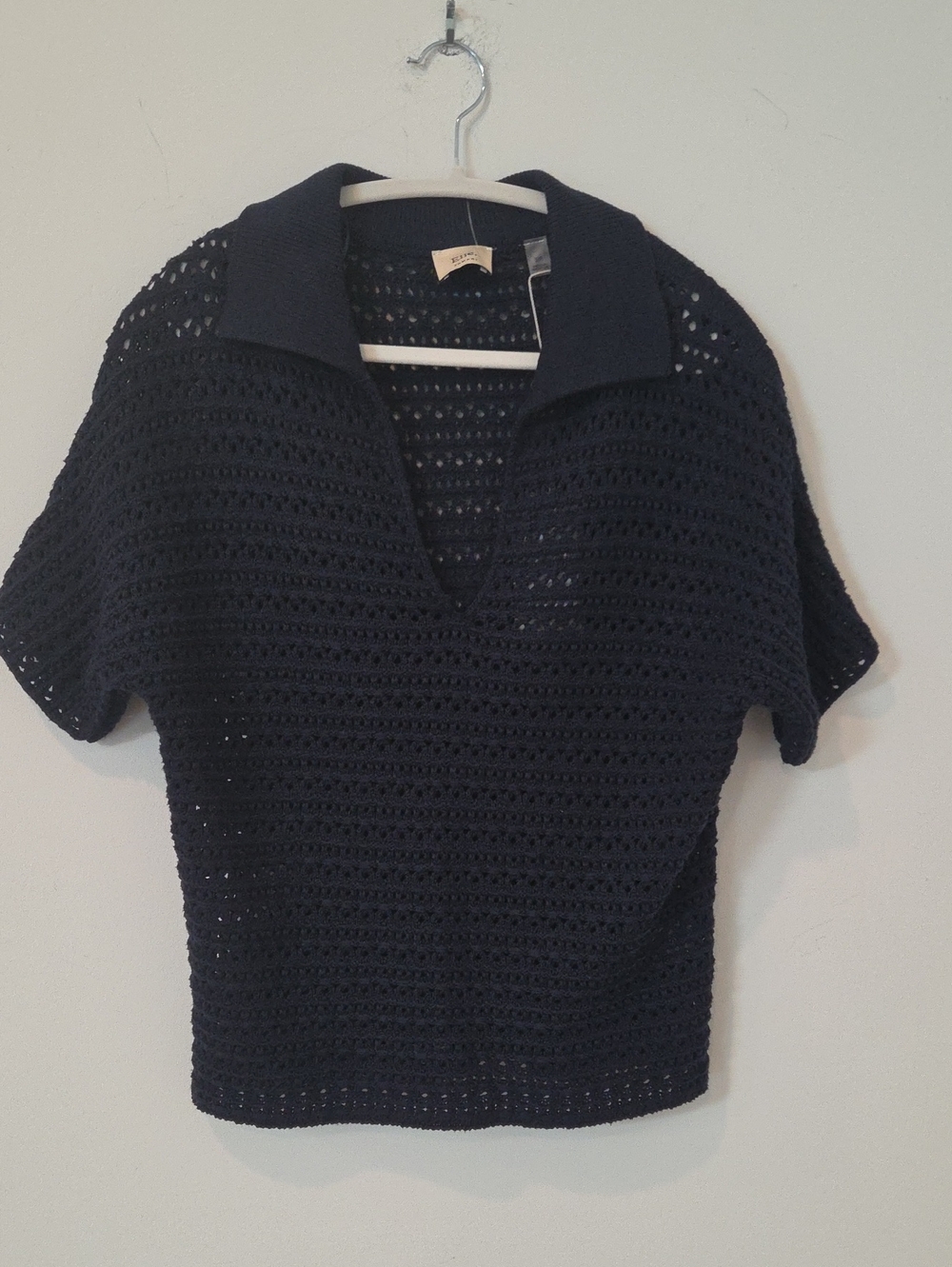 Elie. Tahari Dark Navy Blue Crocheted V-Neck Polo Sweater